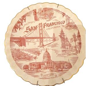 Vintage San Francisco California Souvenir Plate Red Transferware Gold Rim 7in